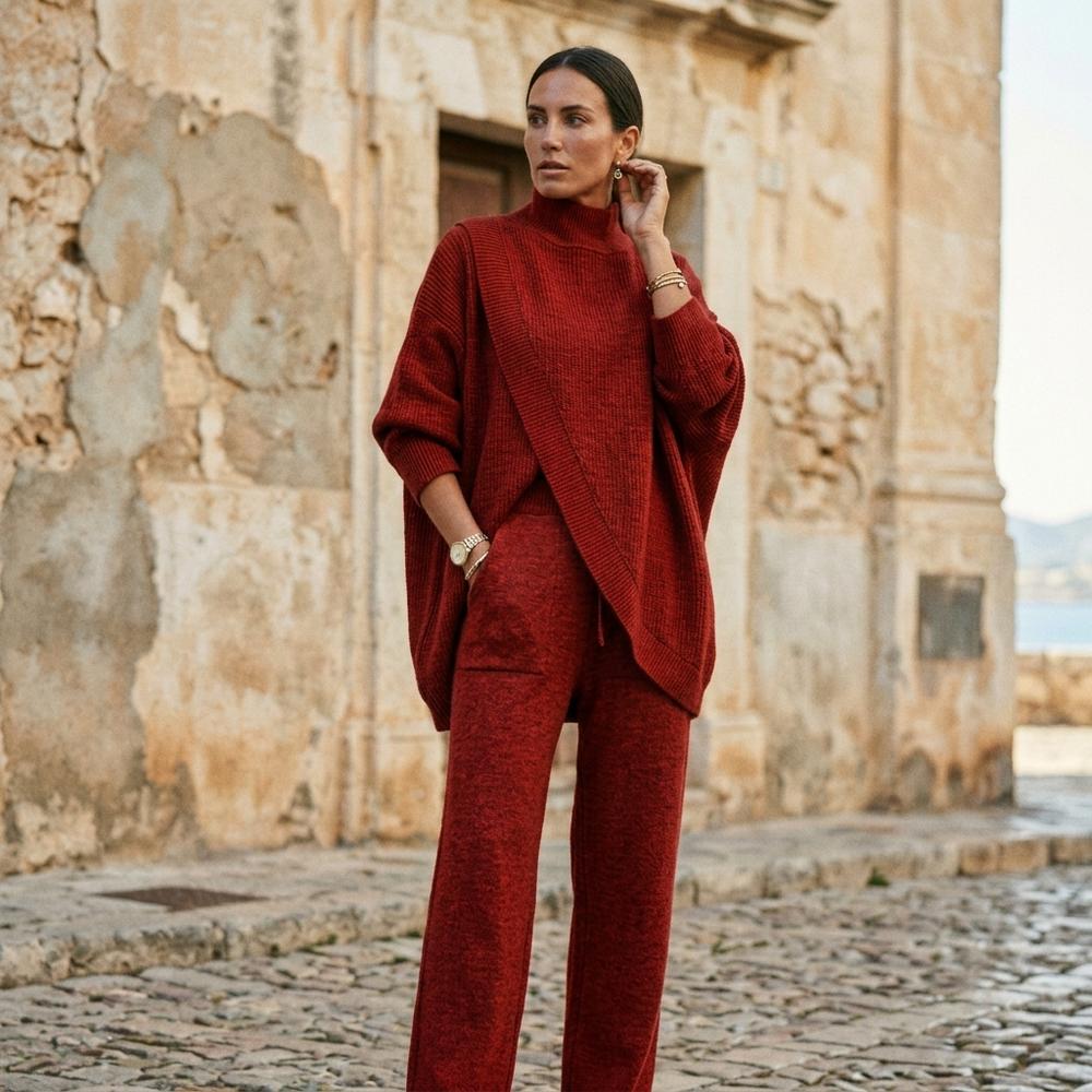 Madline24 - Lotal | Asymmetrisches Geripptes Hose und Pullover Set Damen