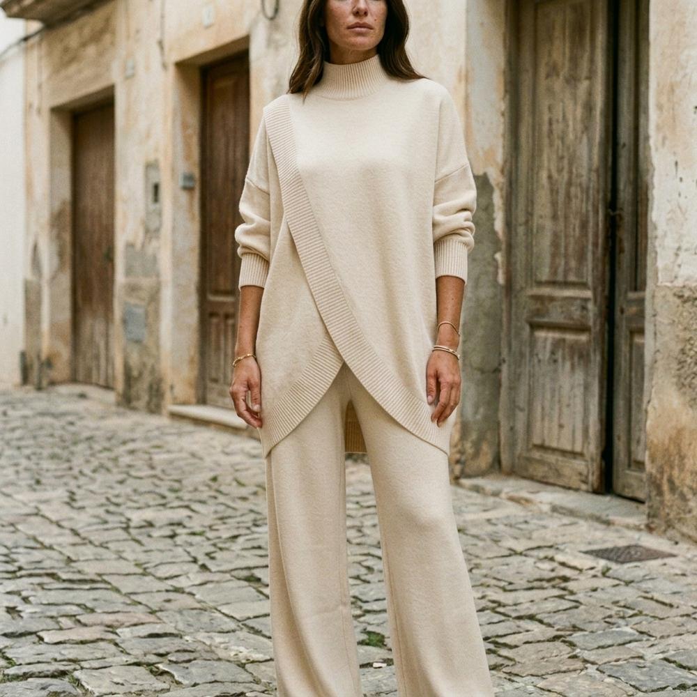Madline24 - Lotal | Asymmetrisches Geripptes Hose und Pullover Set Damen