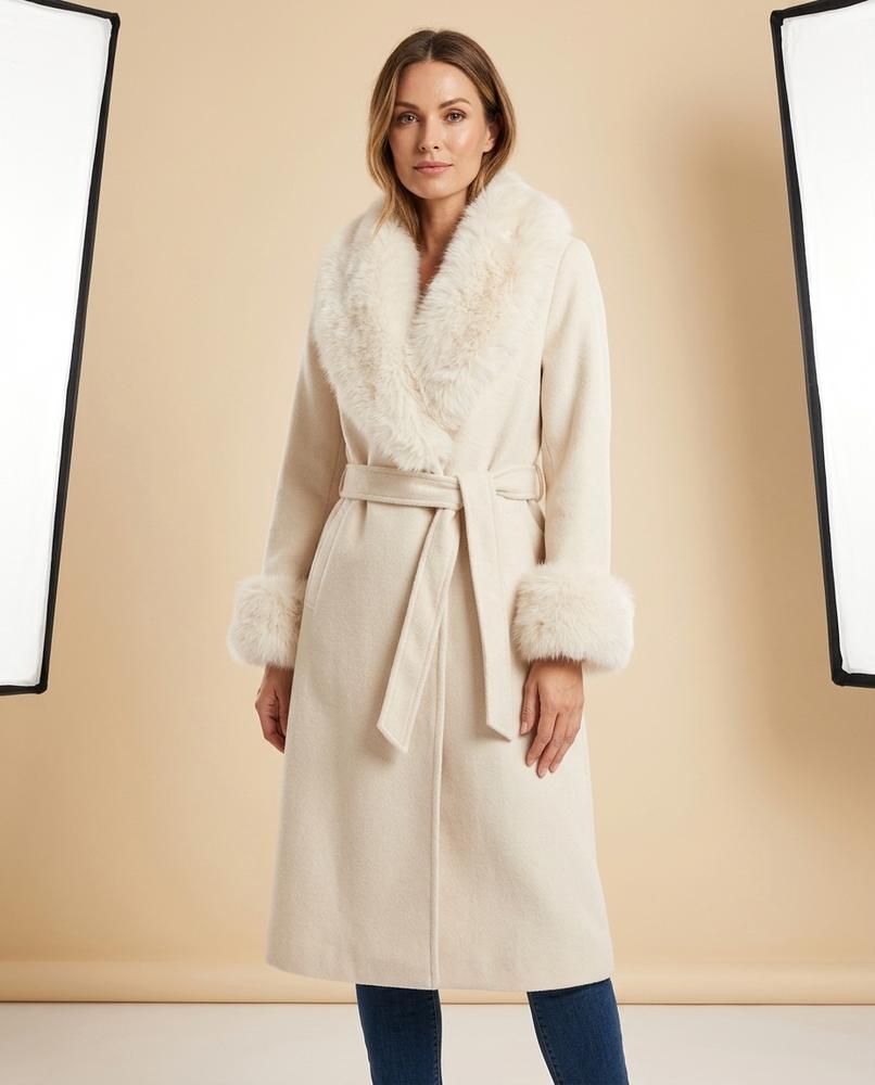 Madline24 - Lalor | Gegürteter Fellbesetzt Mantel Damen