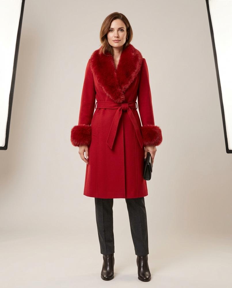 Madline24 - Riron | Pelzbesetzter Gegürteter Mantel Damen