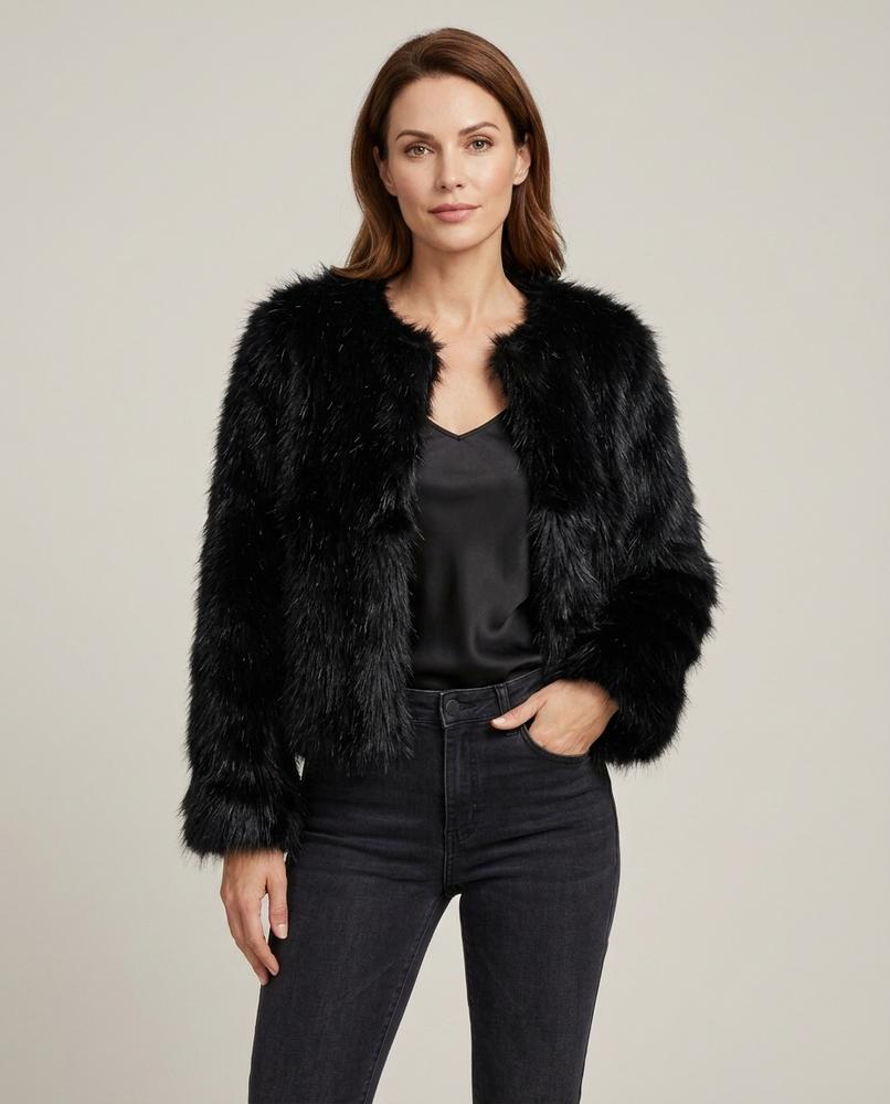 Madline24 - Selin | Kragenlose Kunstpelz Jacke Damen
