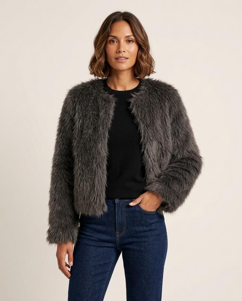 Madline24 - Selin | Kragenlose Kunstpelz Jacke Damen