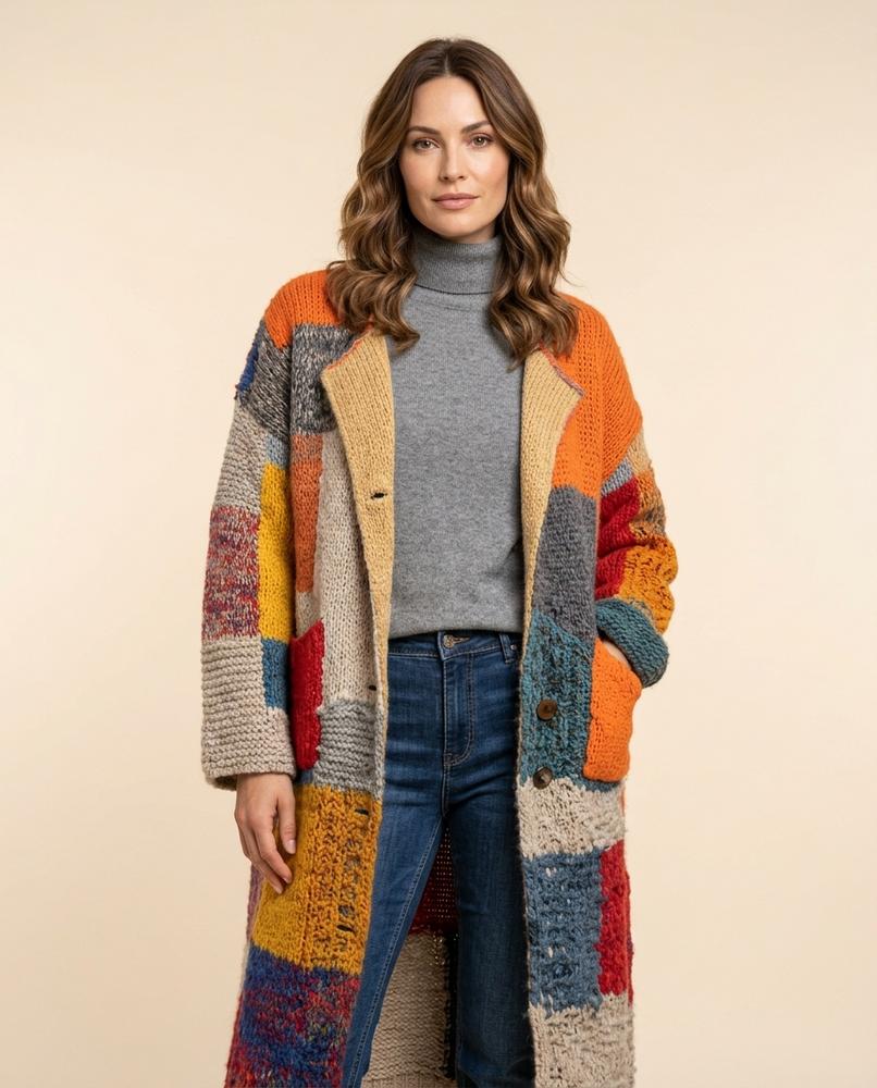 Madline24 - Samir | Mehrfarbiger Grobgestrickter Mantel Damen